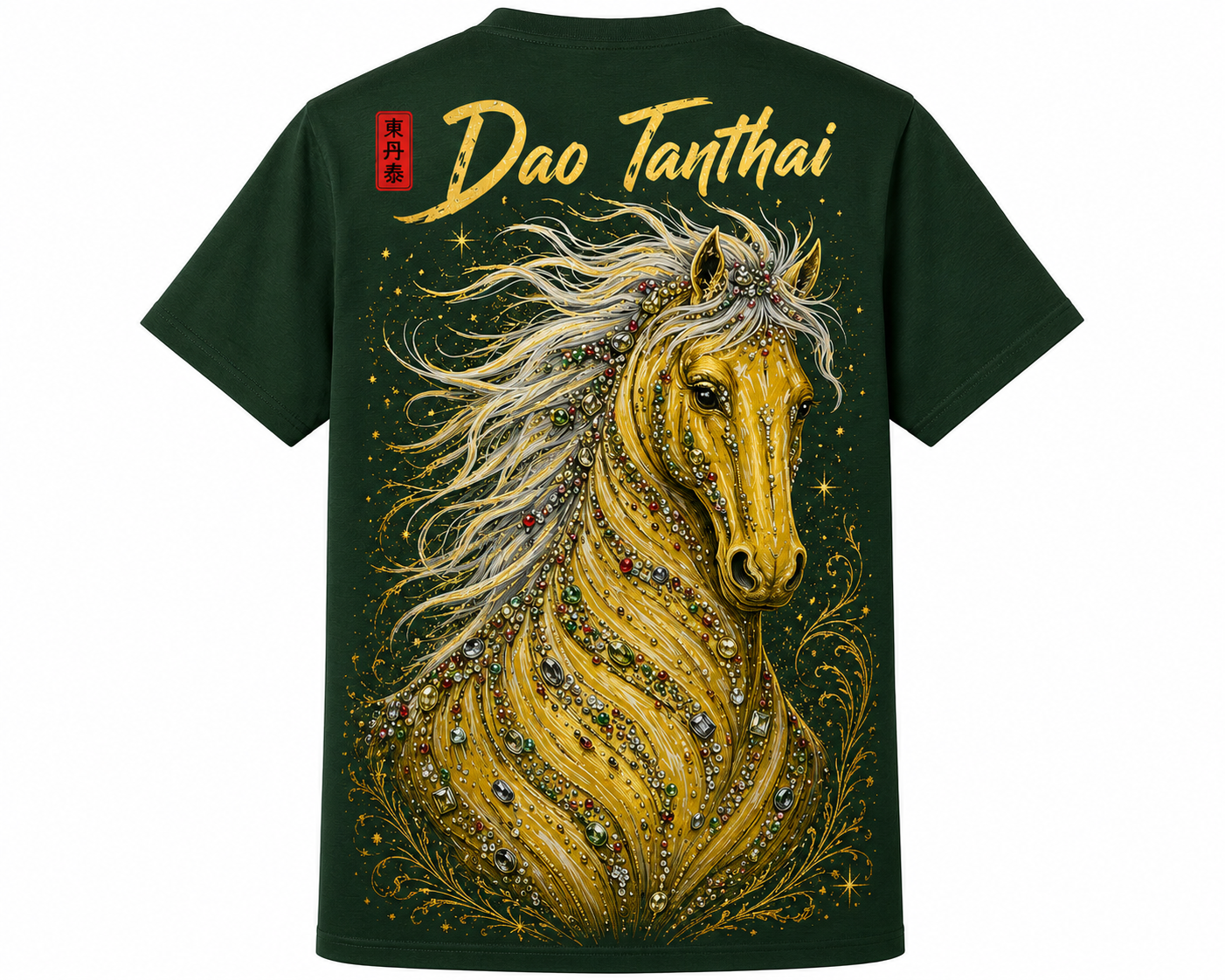 Green t-shirt with a gold horse design and 'Dao Tanthai' text on a white background