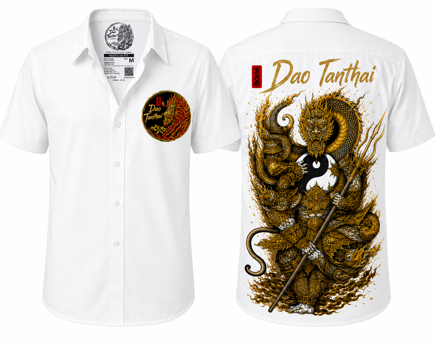 White shirt with gold dragon design on the back, featuring 'Dao Tanthai' branding.